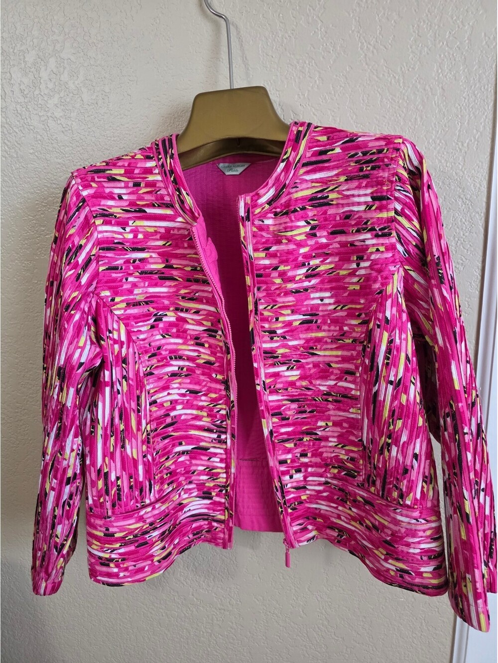 Laura Ashley Petite Pink Ribbon Stitched Abstract Striped Jacket, Size Medium